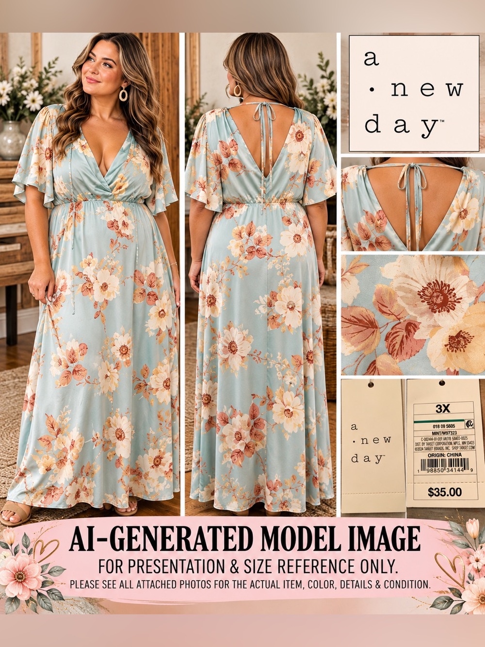 A New Day Mint Floral Maxi Dress 3X NWT
